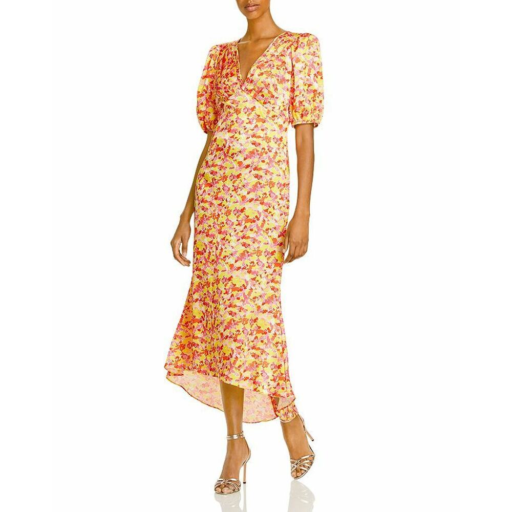 LINI Women's Amalia Yellow V-Neck Pleated Cocktail Dress Short Sleeve Size S